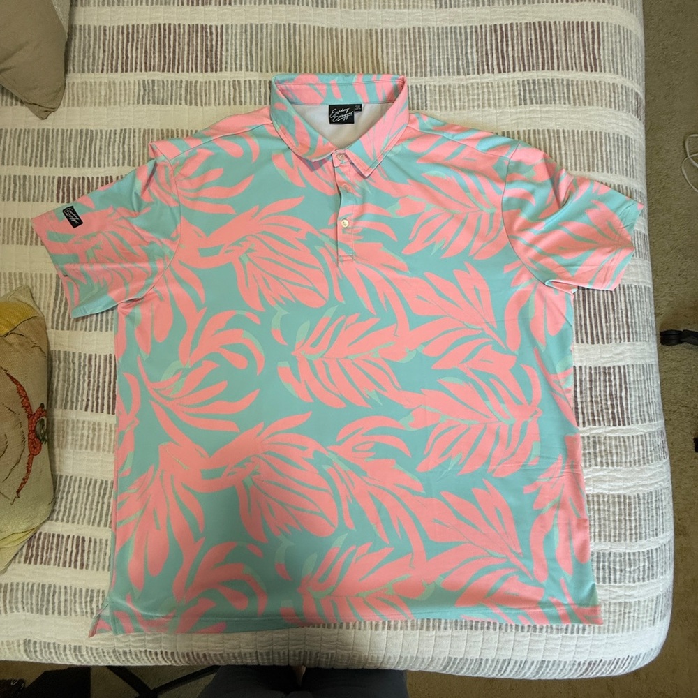 Sunday Swagger Pink and Blue Leaf Print Polo Shirt 3X